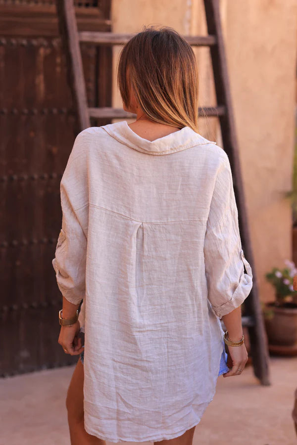 Beige 3/4 length sleeve longline linen Button-Down Shirt