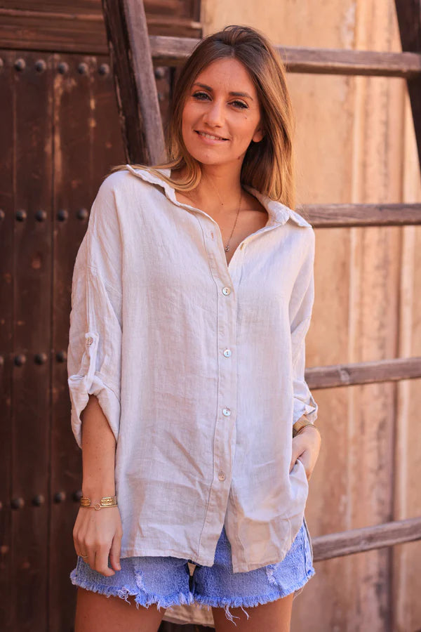 Beige 3/4 length sleeve longline linen Button-Down Shirt