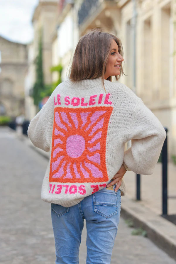 Cream Chunky Knit Sweater with Vibrant Sun Embroidery