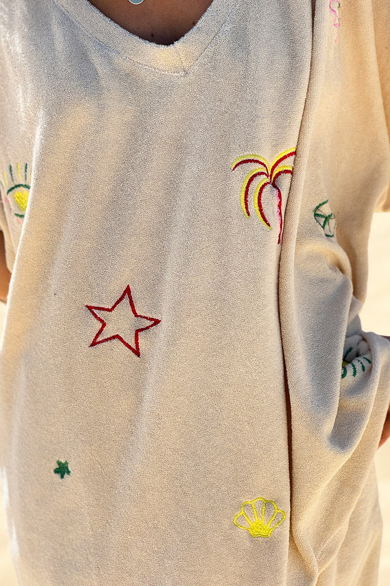 Beige Embroidered Terry V-Neck Top