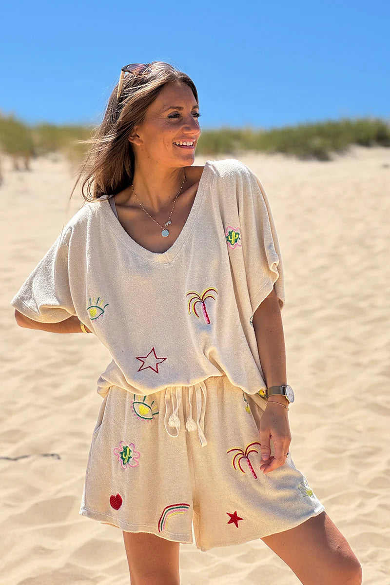 Beige Embroidered Terry V-Neck Top