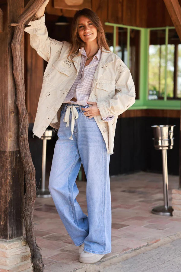 Beige Eyelet Motif Utility Jacket