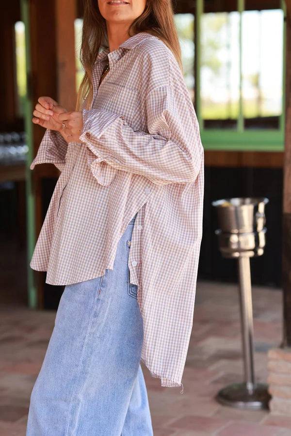 Beige Gingham Slouchy Button-Down Blouse
