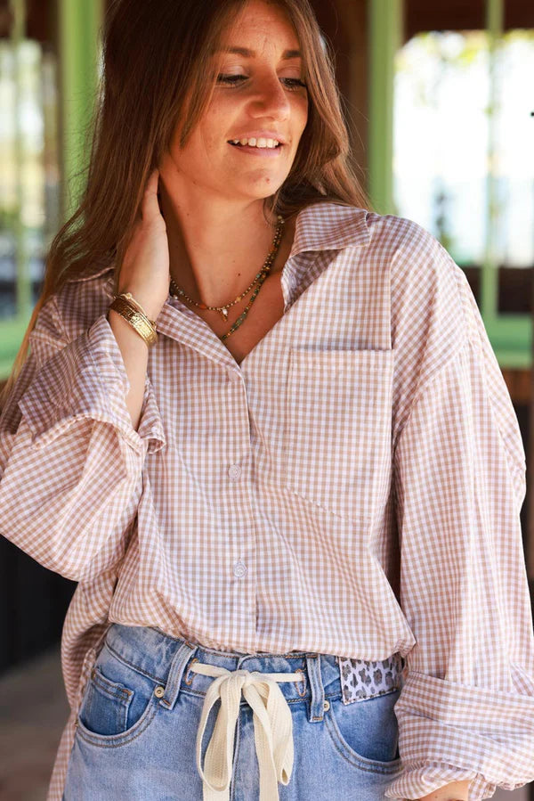 Beige Gingham Slouchy Button-Down Blouse