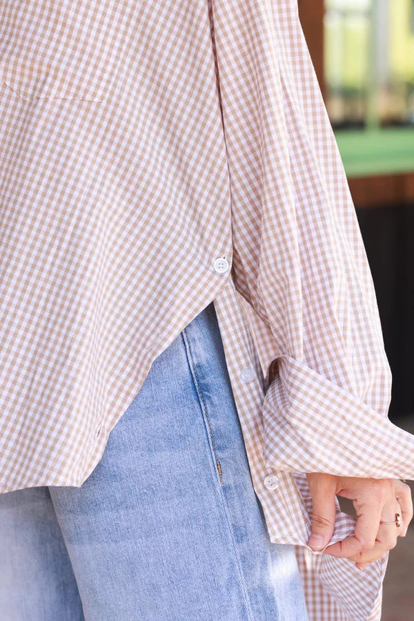 Beige Gingham Slouchy Button-Down Blouse