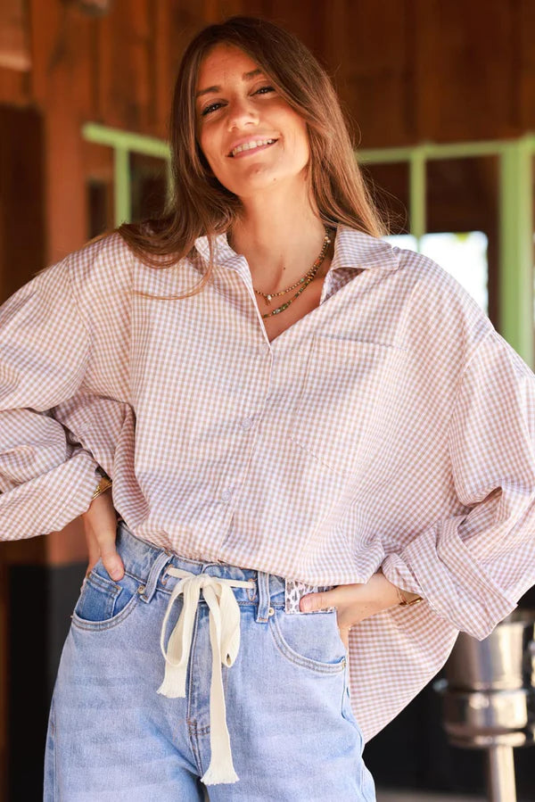 Beige Gingham Slouchy Button-Down Blouse