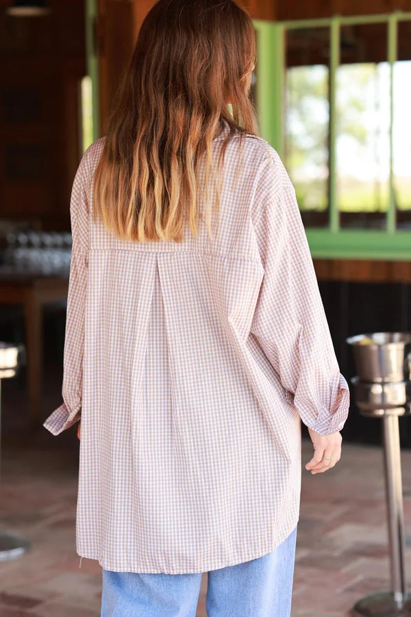 Beige Gingham Slouchy Button-Down Blouse