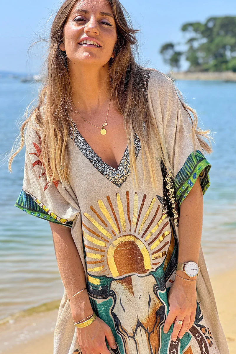 Beige Glitter Knit Mystical Western Maxi Dress