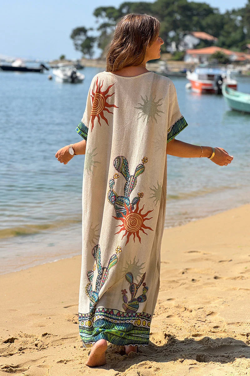 Beige Glitter Knit Mystical Western Maxi Dress