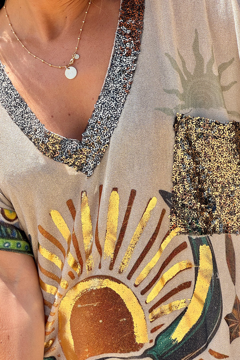 Beige Glitter Knit Mystical Western Maxi Dress