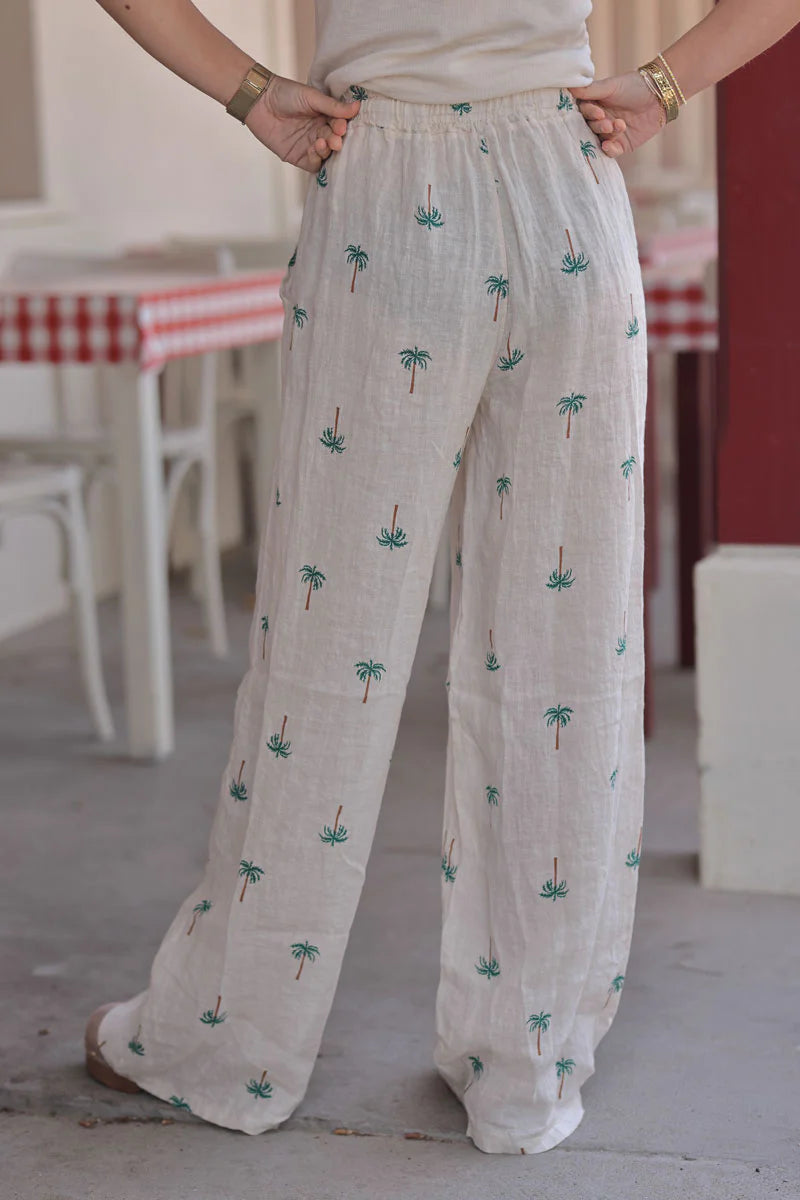 Beige Linen Embroidered Palms Pants