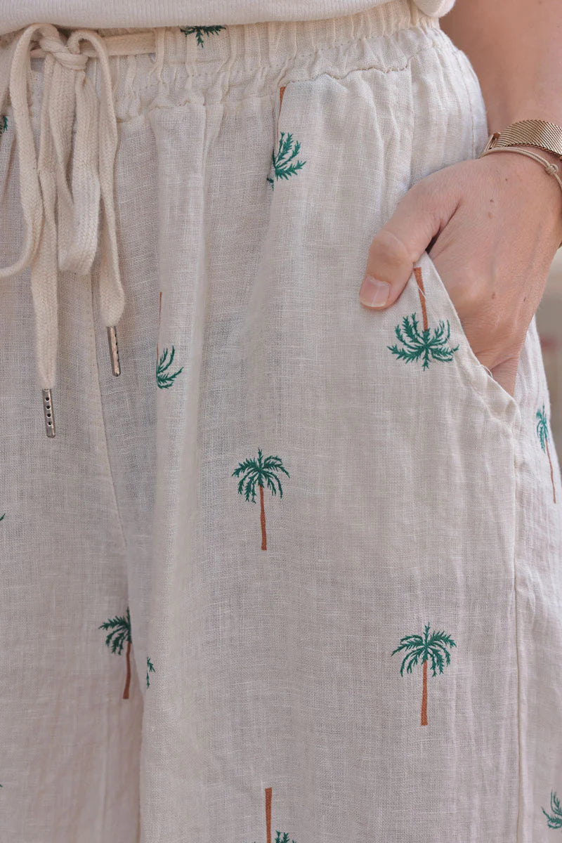 Beige Linen Embroidered Palms Pants