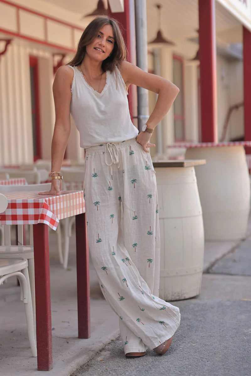 Beige Linen Embroidered Palms Pants