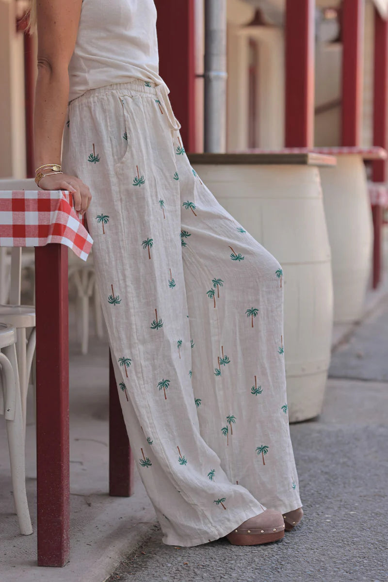 Beige Linen Embroidered Palms Pants