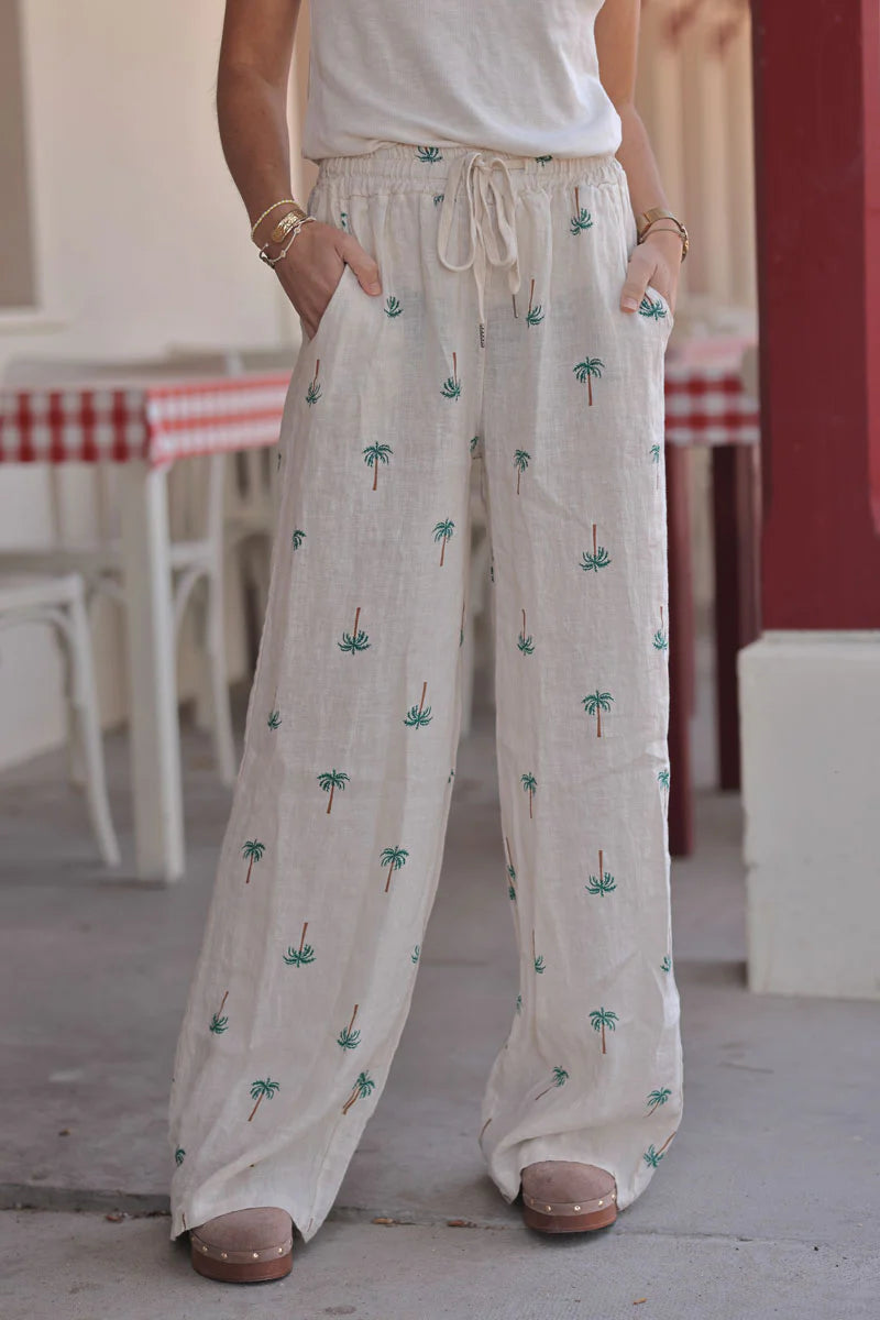 Beige Linen Embroidered Palms Pants