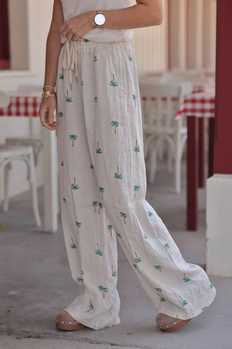 Beige Linen Embroidered Palms Pants