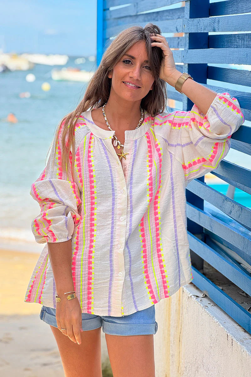 Beige Neon Blanket Stitch Blouse