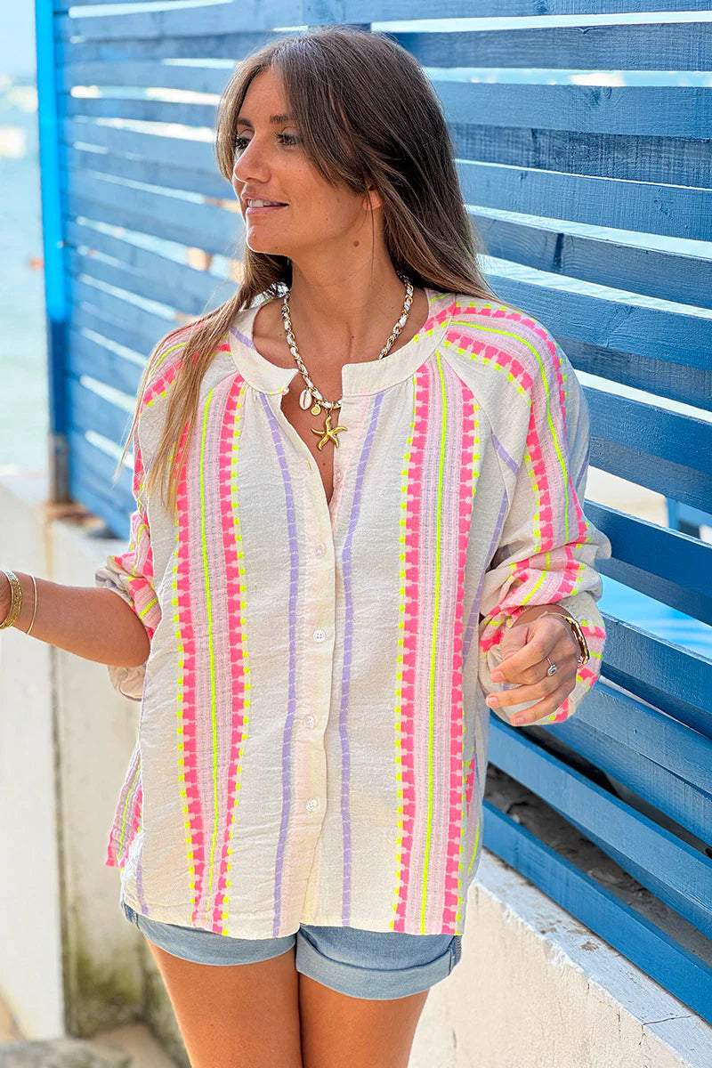 Beige Neon Blanket Stitch Blouse