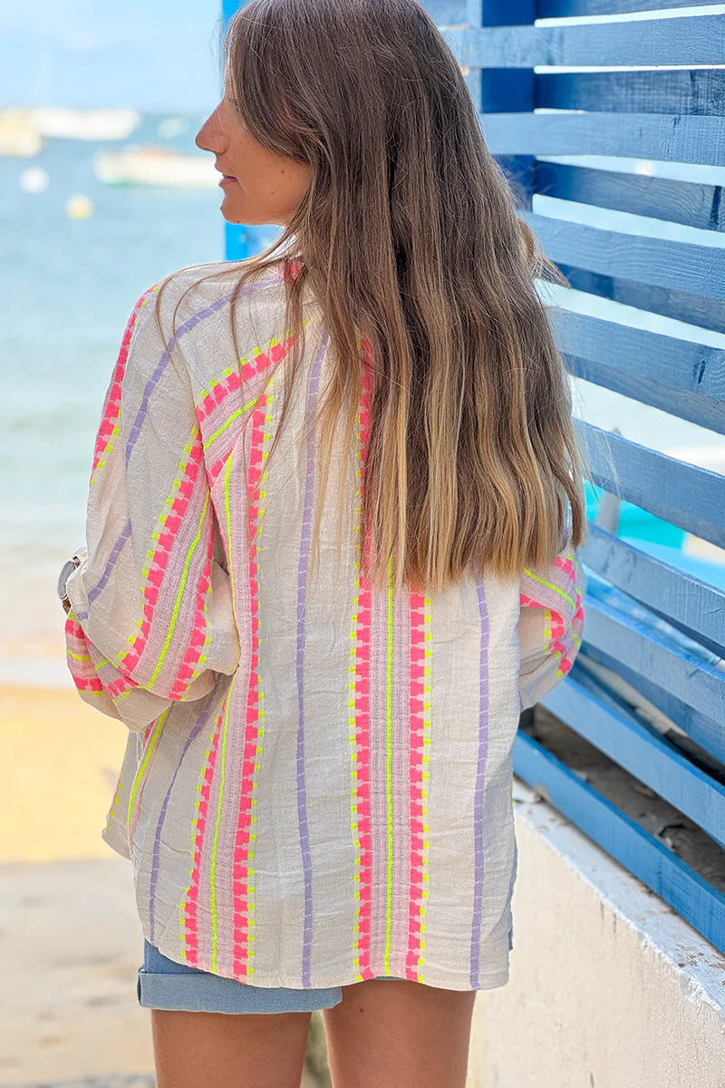 Beige Neon Blanket Stitch Blouse