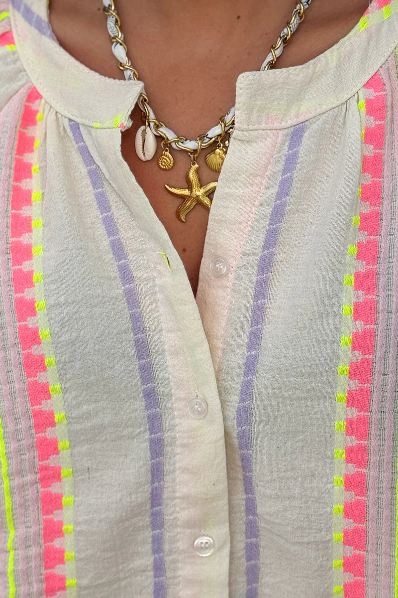 Beige Neon Blanket Stitch Blouse