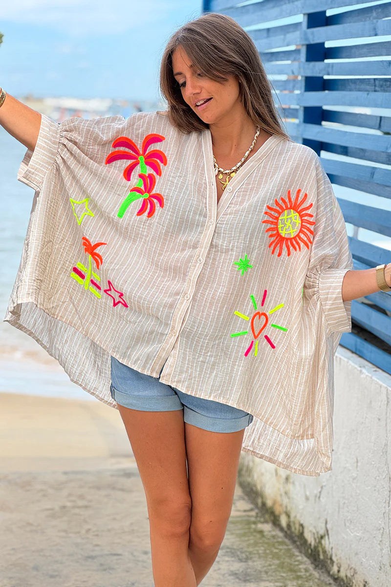 Beige Pinstripe Neon Applique Beach Blouse