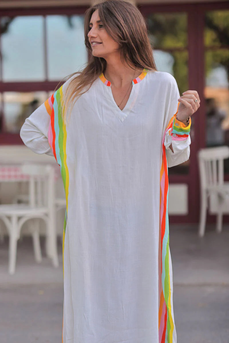 Cream Rainbow Stripe Long-Sleeve Caftan