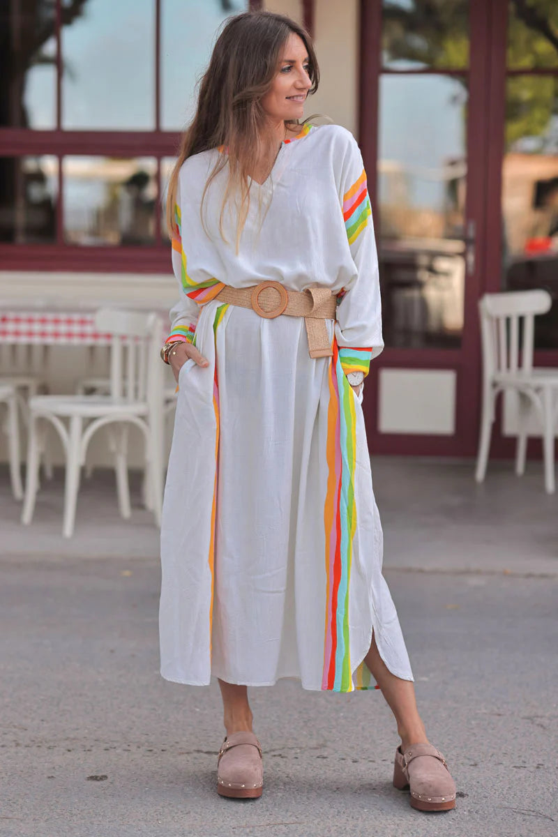 Cream Rainbow Stripe Long-Sleeve Caftan