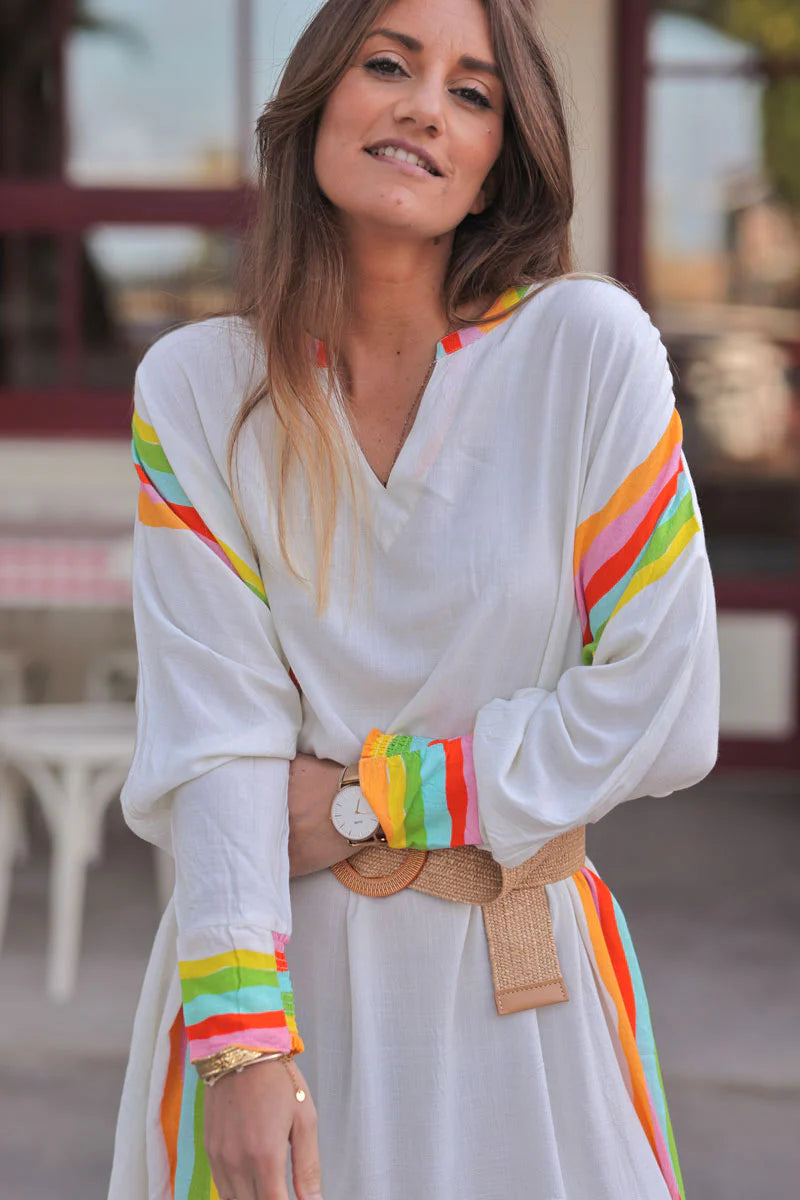 Cream Rainbow Stripe Long-Sleeve Caftan