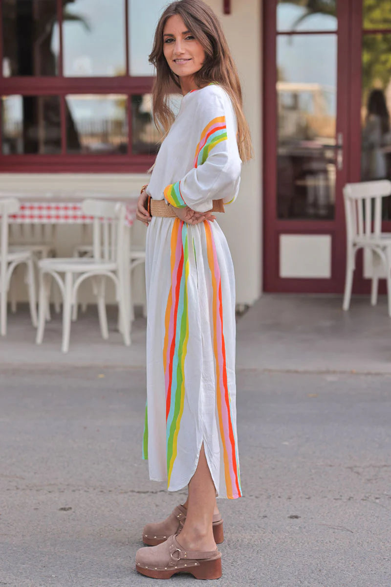 Cream Rainbow Stripe Long-Sleeve Caftan