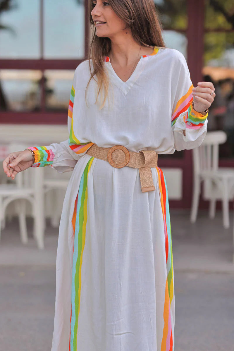Cream Rainbow Stripe Long-Sleeve Caftan