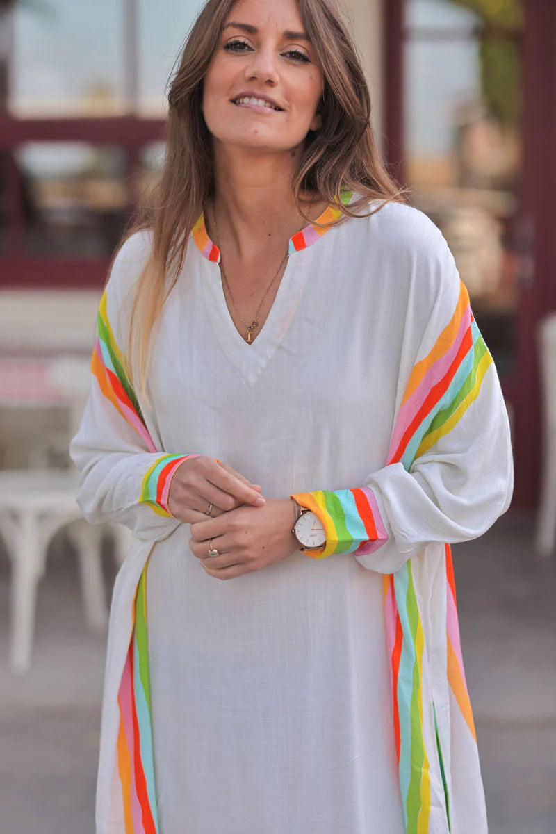 Cream Rainbow Stripe Long-Sleeve Caftan