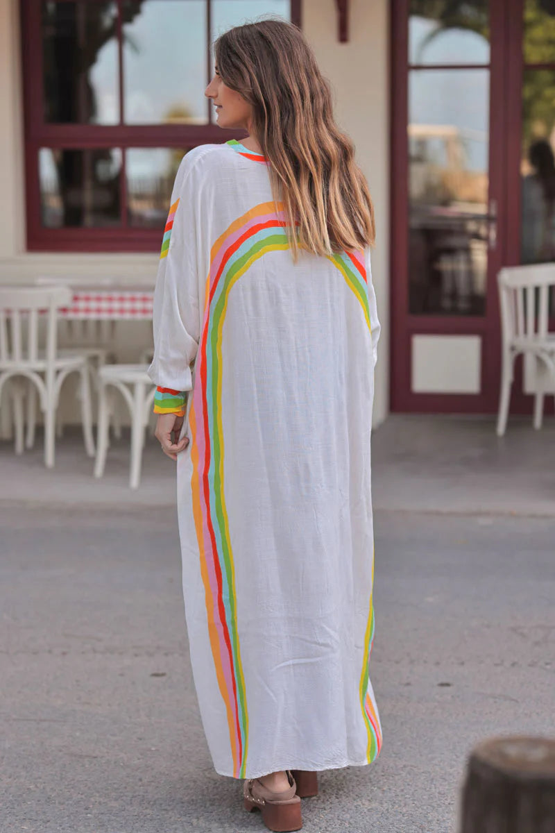 Cream Rainbow Stripe Long-Sleeve Caftan