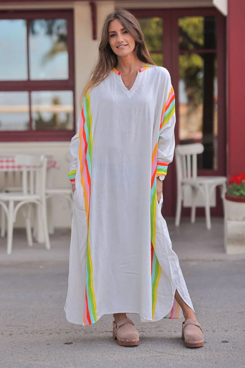 Cream Rainbow Stripe Long-Sleeve Caftan