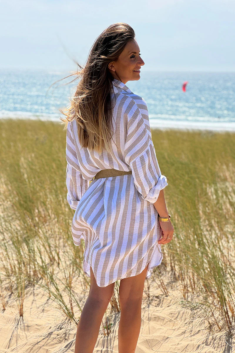 Beige Stripe Gauze Shirt Dress