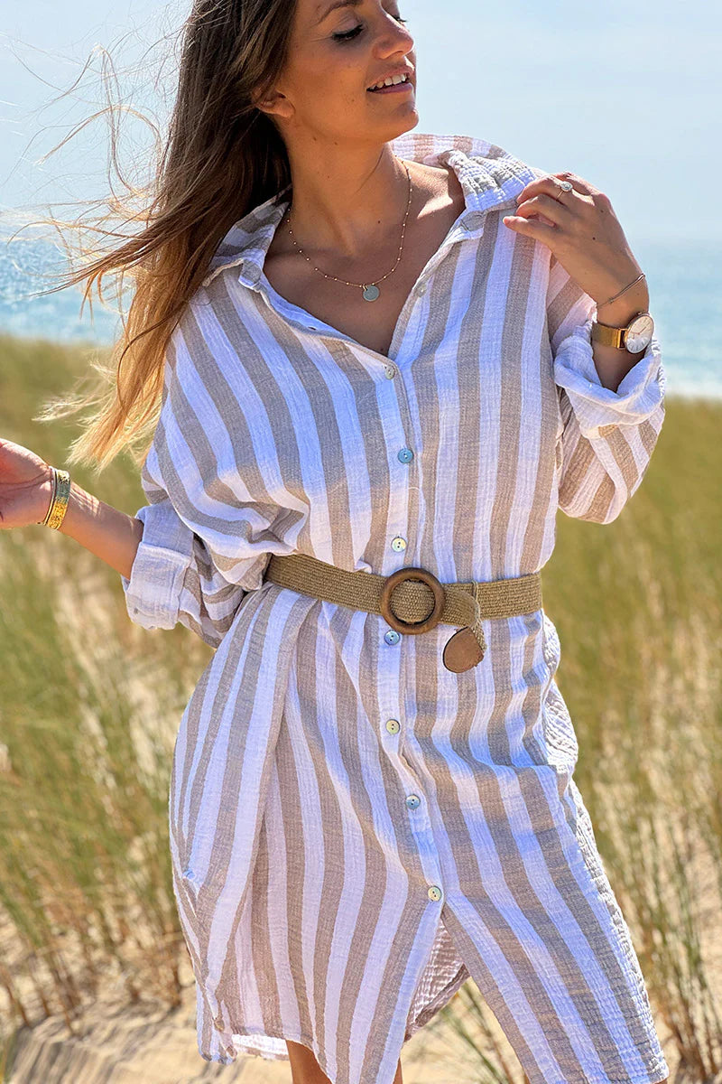 Beige Stripe Gauze Shirt Dress
