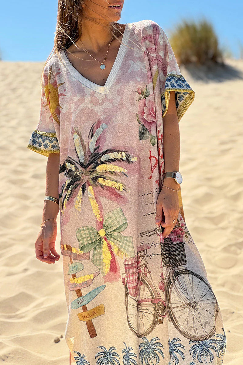 Beige Summer Vacation Glitter Knit Caftan