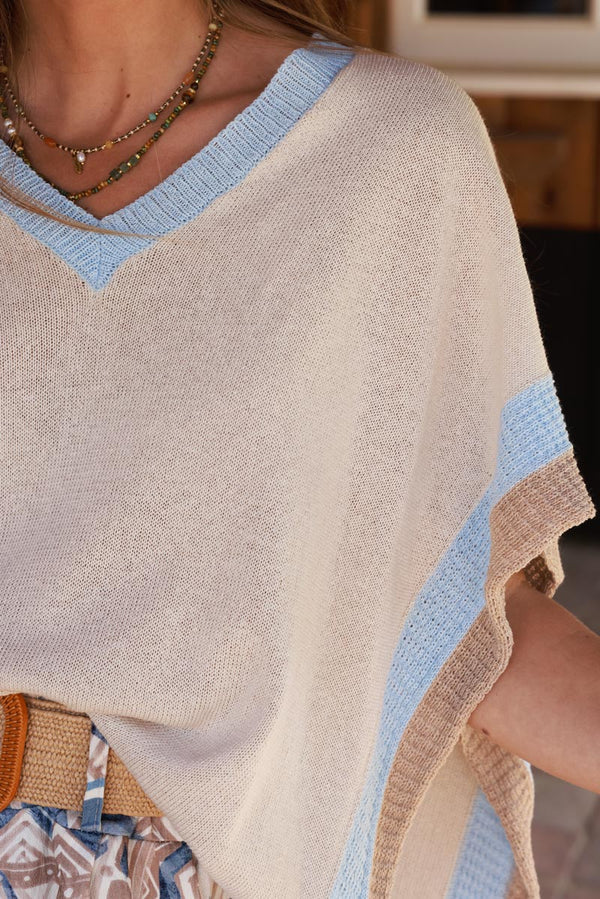 Beige V-Neck Knit Poncho