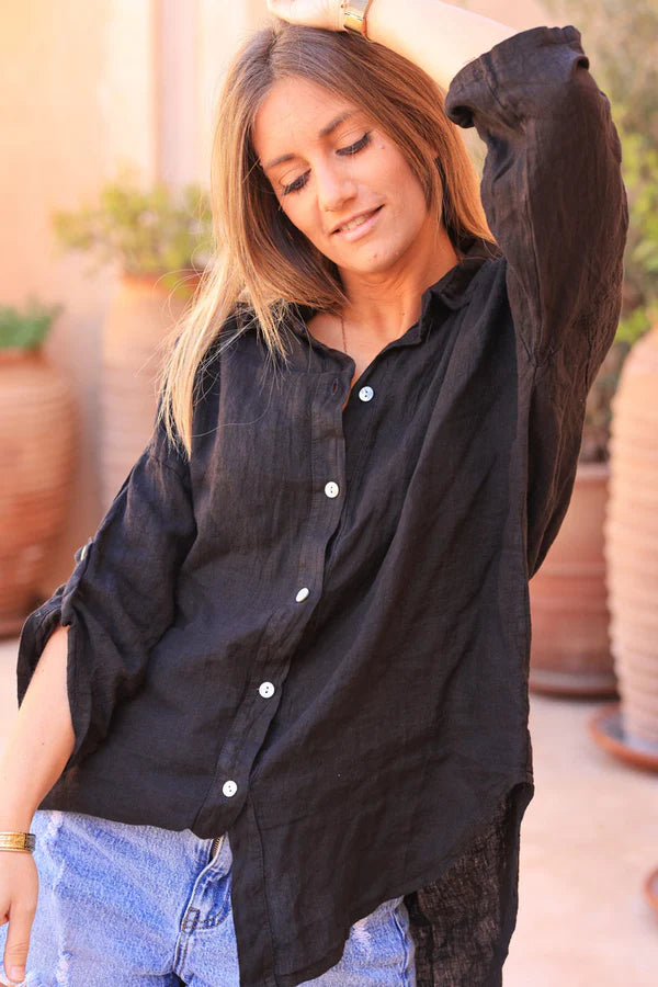 Black 3/4 length sleeve longline linen Button-Down Shirt