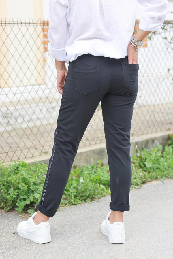 Black Cotton Comfort Sweatpants with Silver Glitter Seams