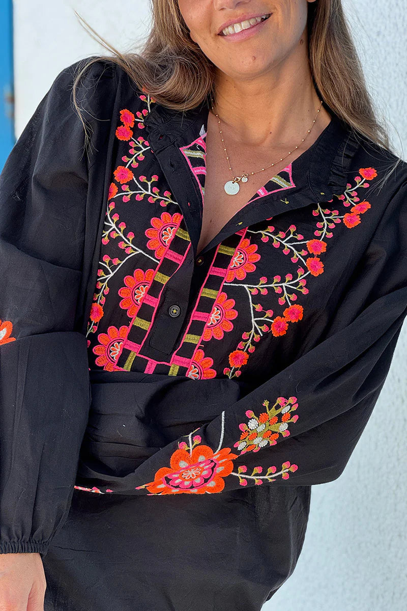 Black Embroidered Half Placket Boho Blouse