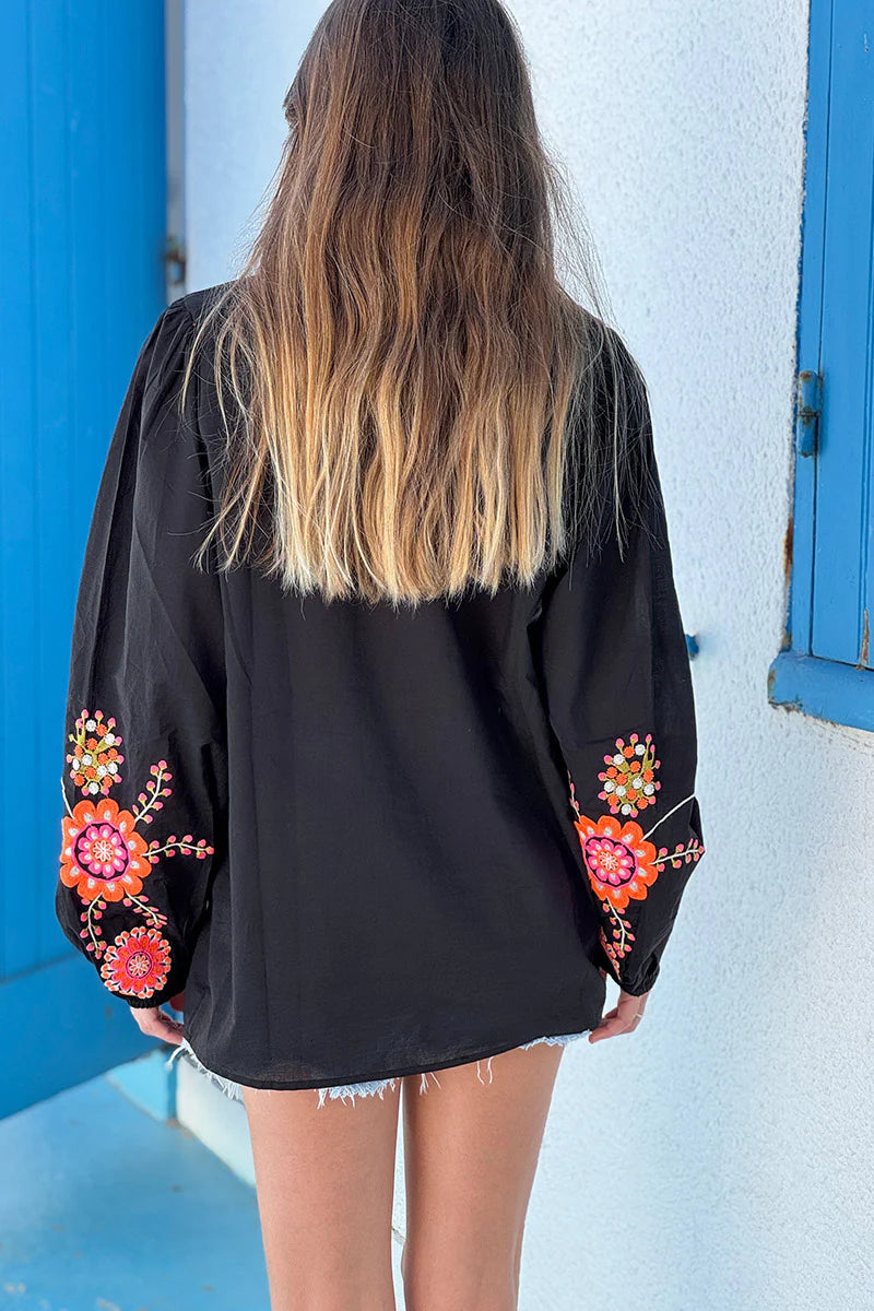 Black Embroidered Half Placket Boho Blouse