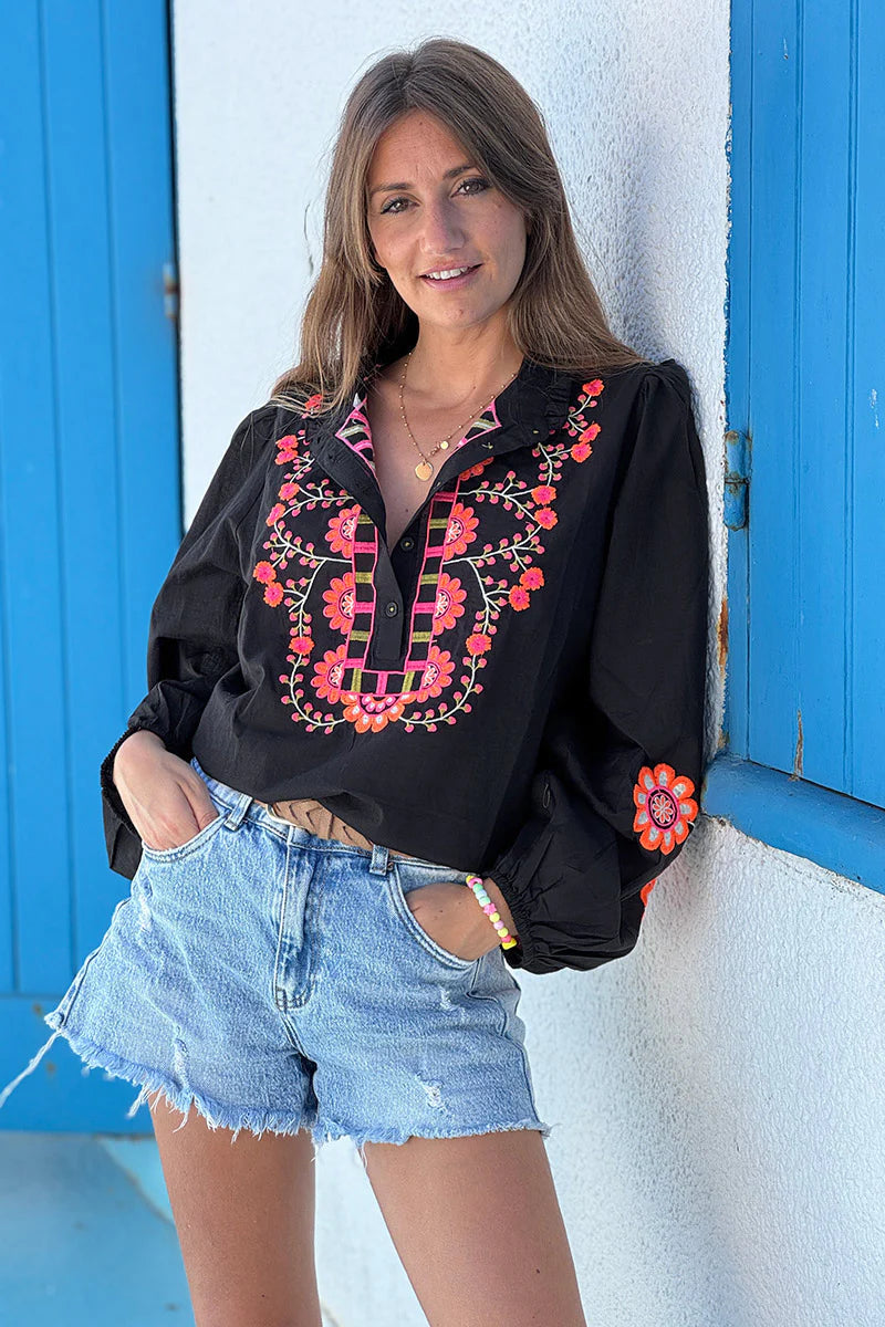 Black Embroidered Half Placket Boho Blouse