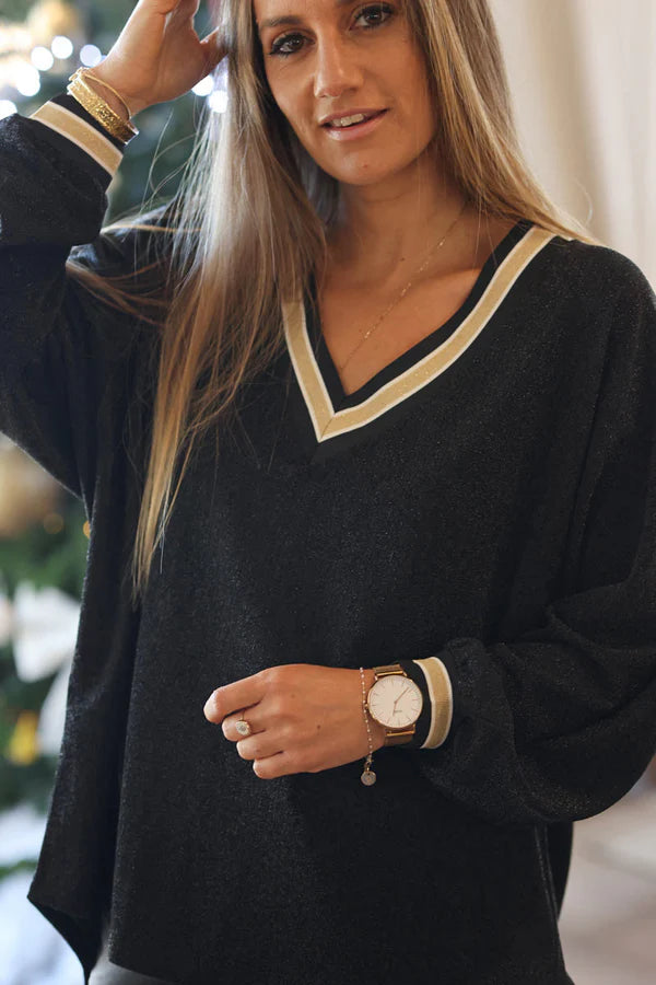 Black and Gold Lurex V-Neck Sweater