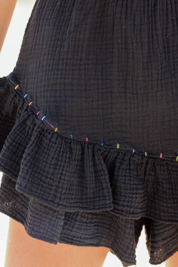 Black layered frill cotton skort with colored threads