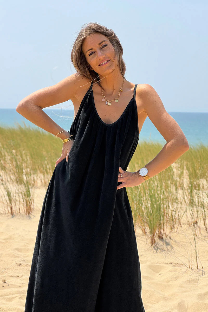 Black Terry Cloth Strappy Maxi Dress