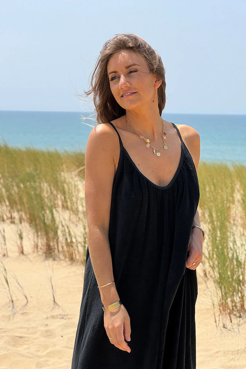 Black Terry Cloth Strappy Maxi Dress
