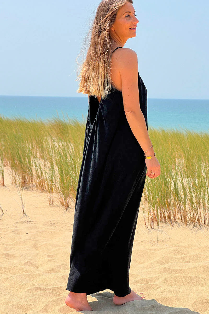 Black Terry Cloth Strappy Maxi Dress