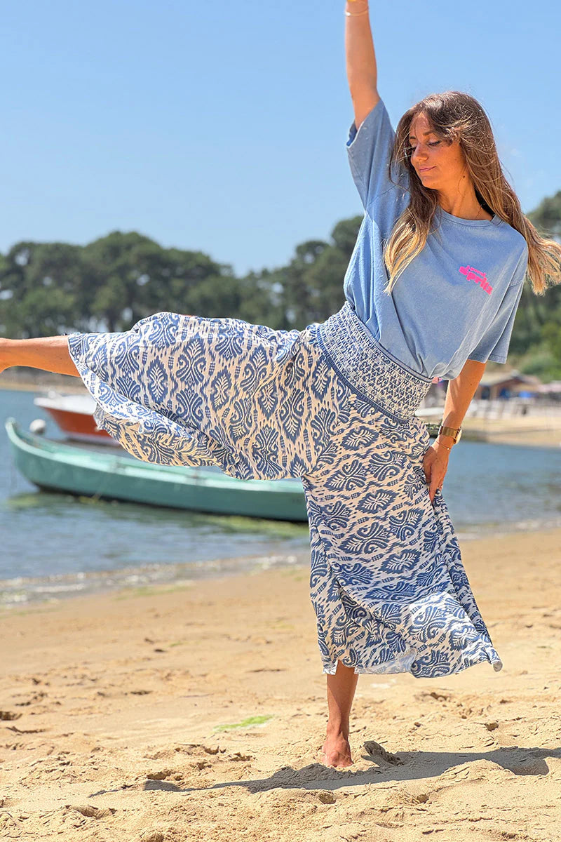 Blue Batik Scroll Wide-Leg Pants