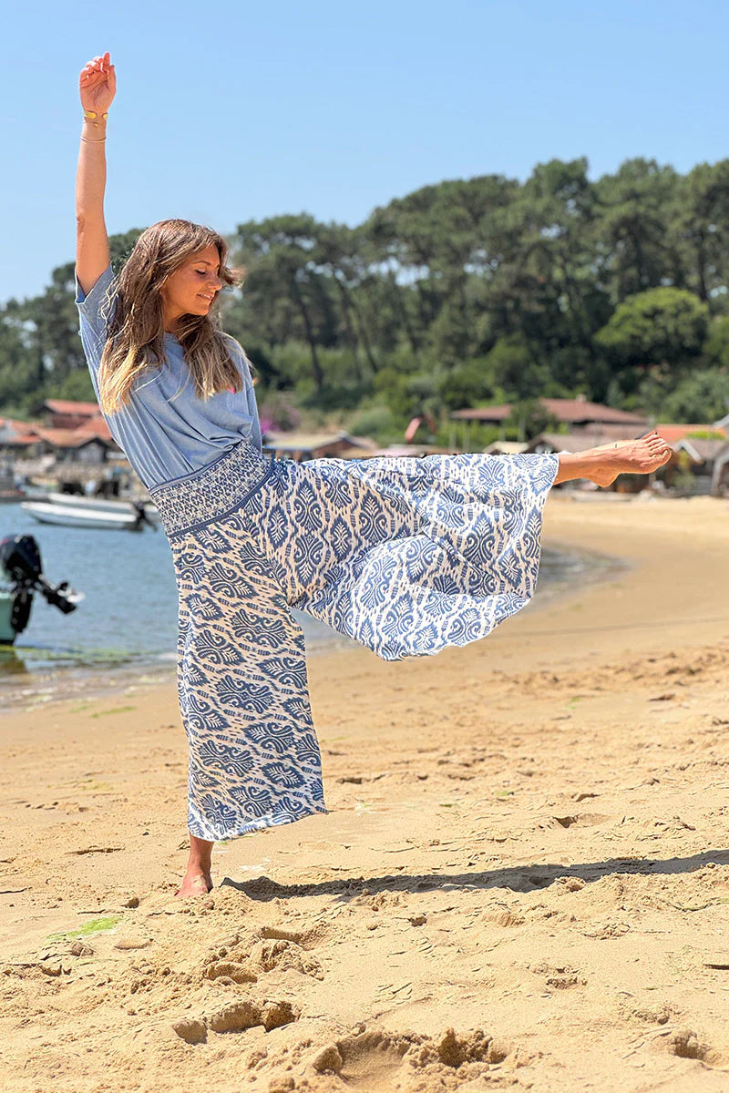 Blue Batik Scroll Wide-Leg Pants