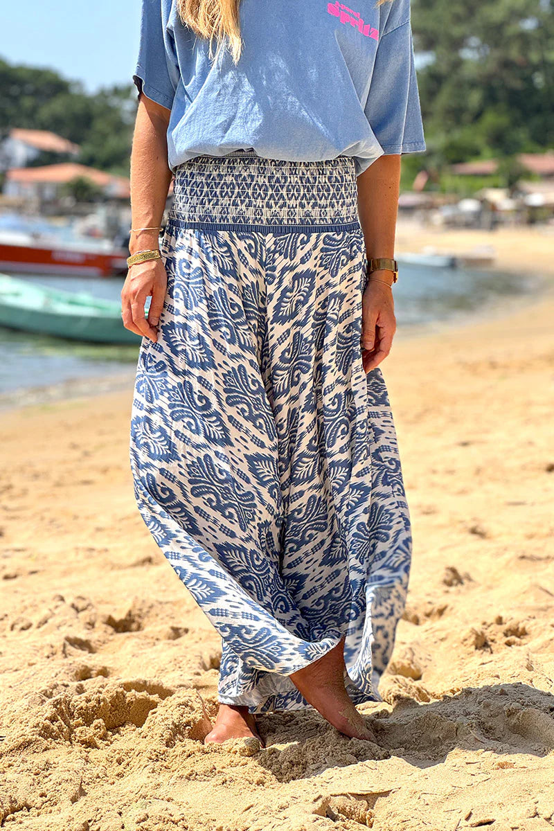 Blue Batik Scroll Wide-Leg Pants